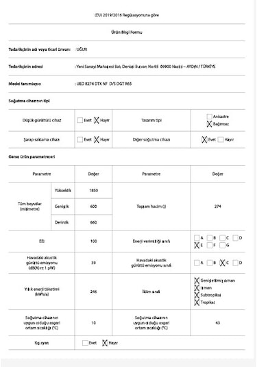 Uğur UED 8274 DTK NF D/S DGT R65 274 L Dikey Derin Dondurucu