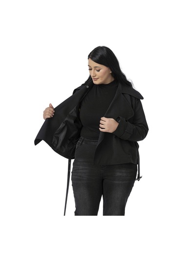 Büyük Beden Mono Yaka Kemerli Astarlı Kısa Siyah Trençkot Siyah