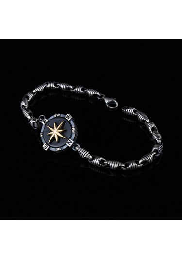 Fkgümüş 925 Ayar Gümüş Oniks Taşlı Pusula Erkek Bilekik Gümüş