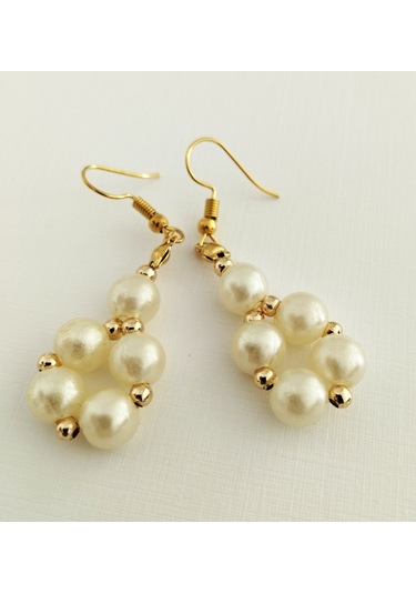 K204 İncili Sallantılı Küpe Altın - Beyaz