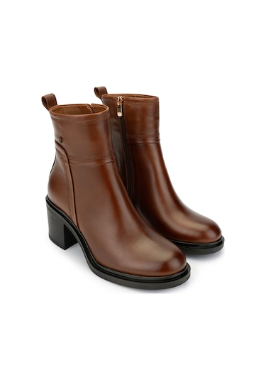 Tamer Tanca Kadın Hakiki Deri Taba Deri Topuklu Bot 1066 3401 Bn Bot Sk24-25 Taba Dr Taba Deri