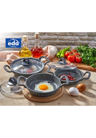 EDA COOKWARE ASYA 3 LÜ SAHAN SETİ CAM KAPAKLI DÖKÜM GRİ YUVARLAK