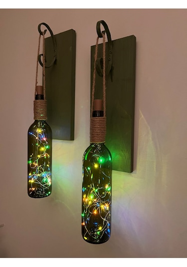 Ahşap  Retro Yeşil Şarap şişesi Duvar Aplik 2'li Set Yeşil