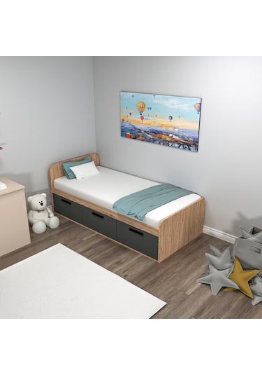 Arnetti Akser 90x190 Cm Yatak Uyumlu 3 Kapaklı Dolaplı Tek Kişilik Karyola Atlantik Çam Antrasit - Akser