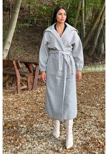 Gri Cepli, Balon Kol, Kemerli, Kalın Örgü Triko, Uzun Kaban Gri