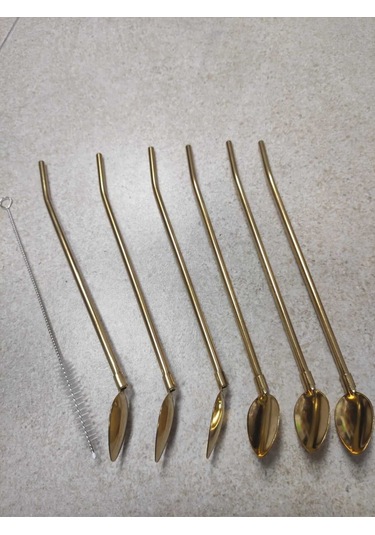 6'lı Paslanmaz Krom Pipetli Kokteyl Bar Kaşığı Ve Temizleme Fırçası, Pipetli Latte Kaşığı 22 Cm - Altınsarı