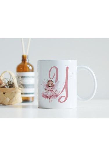 Y Harfi Pembe Peri Kızı Figürlü Kupa Bardak Masalsı Çay Kahve Kupası - Kişiye Özel Hediye Beyaz