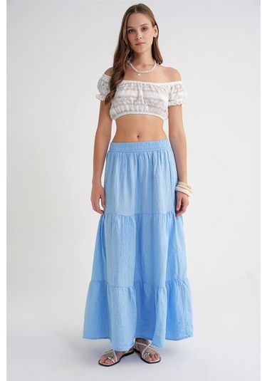 4567 Kadın Fırfırlı Uzun Müslin Etek Bebe Mavi Bebe Mavisi