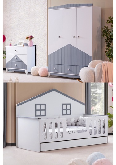 Bello Çocuk Odası Takımı, Bello Yavrulu Karyola, Fethiye 3 Kapaklı Dolap, Şifonyer - Gri Renkli Bello Çocuk Odası Takımı, Bello Yavrulu Karyola, Fethiye 3 Kapaklı Dolap, Şifonyer - Gri Renkli