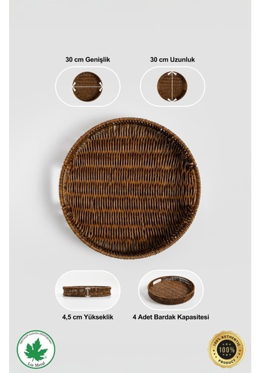 Yuvarlak Hasır Tepsi, Kulplu Sunum Tepsisi, Servis Tepsisi, Kahve Tepsisi, Keyif Tepsisi, Modern Hasır Tepsi - 30 Cm Kahverengi