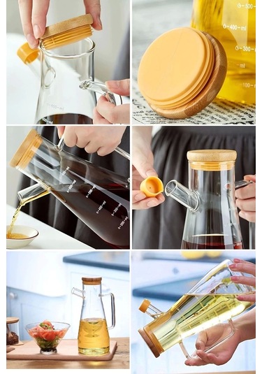 Vakumlu Bambu Kapaklı Borosilikat Cam Yağdanlık Yağ Şişesi 900 Ml