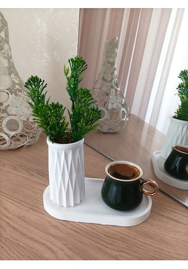 Mini Desenli Beton Saksı Tekli Ve Oval Tabak - Yapay Çiçek Hediyeli - Yeşil Tomurcuk