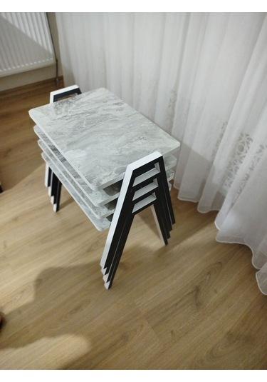 Zigon Sehpa 4'lü Mermer Desenli Tepsi Model Gri Mermer Desen Antrasit Ayak Gri Mermer