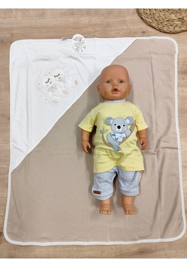 %100 Pamuklu & Mevsimlik Bebek Battaniyesi - Kahverengi & Ayıcık Nakışlı Bebek Örtüsü 80x90 Cm Kahverengi