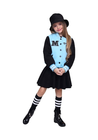 Riccotarz Kız Çocuk Düğme Detaylı Pamuklu Mavi Kolej Ceket Kadife Etekli Takım Mavi