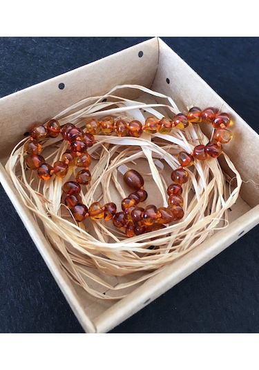 İpek Kehribar Litvanya Sertifikalı Baltık Kehribar Kolye Bebek Kolyesi Diş 0-3 Yaş 33 CM Kahverengi