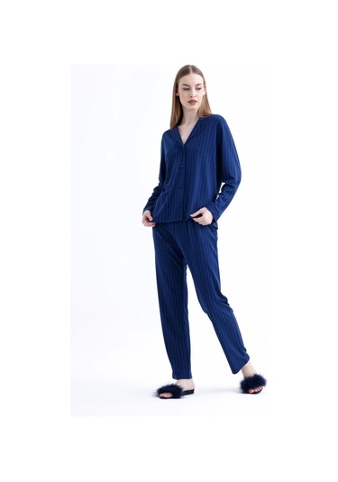 Espuar 775 Kadın Çizgili Penye Pijama Takımı Lacivert