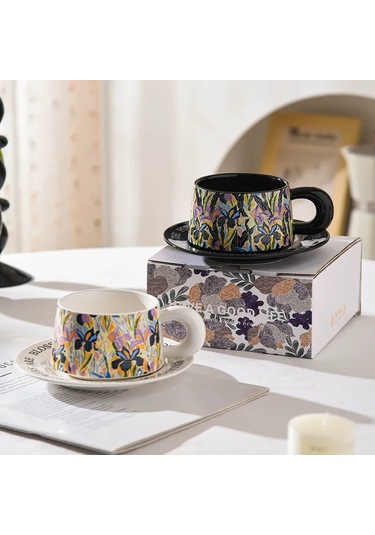 Maiyame Beyaz Seramik Çay/ Kahve Fincan Ve Tabak Seti - 280 Ml Bahar Çiçek Desenli Hediyelik Kutulu Hediye Paketi Beyaz