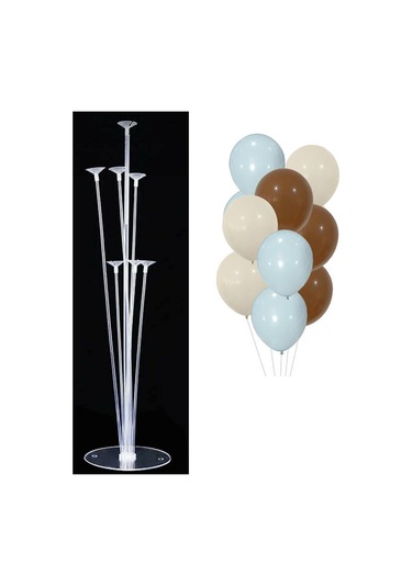 7'li Balon Standı Ve 10 Adet Mavi Deniz Kumu Ve Kahverengi Balon Set Mavi - Beyaz