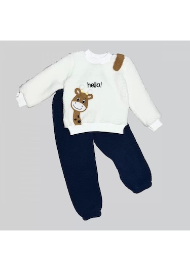 1-2-3 Yaş Hello Zürafa Nakışlı Kuzu Kumaş Sweat Pantolon Uzun Kollu Kız Erkek 2 Li Takımı Lacivert
