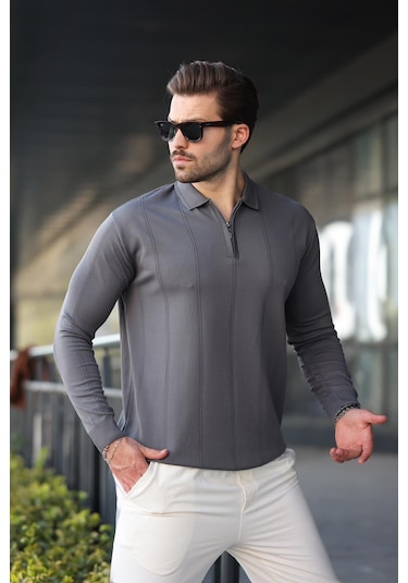 Antrasit Polo Yaka Fermuarlı Erkek Kazak E7427 Antrasit