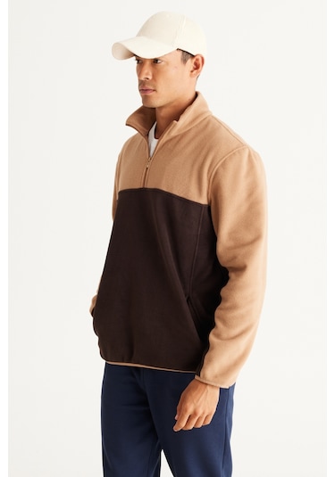AC&Co / Altınyıldız Classics Erkek Sutlu Kahve-kahve Anti-pilling Tüylenme Yapmayan Standart Fit Bato Yaka İçi Polarlı Çift Renk Polar Sweatshirt Sütlü Kahverengi
