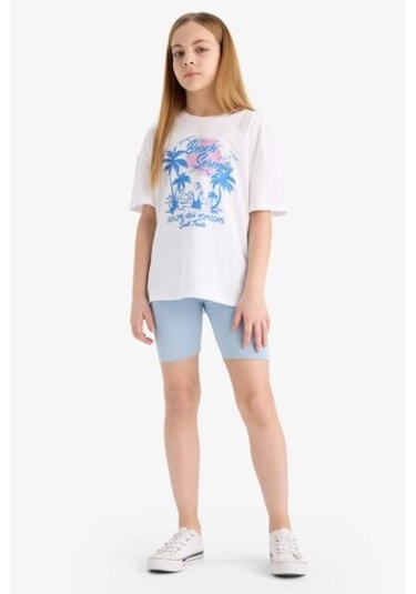 DeFacto Kız Çocuk 2'li Takım Baskılı Kısa Kollu Tişört Biker Tayt E5694A825HSBE523 Mavi