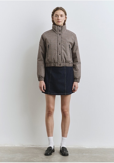 Mavi - Kahverengi Kareli Şişme Mont 1110269-90373 Kahverengi