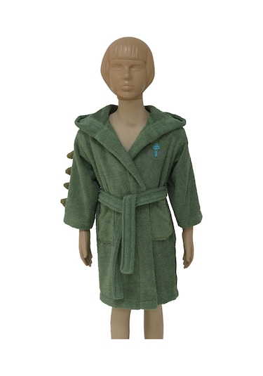 %100 Pamuk Çocuk Bornoz Yeşil Dinozor Yeşil