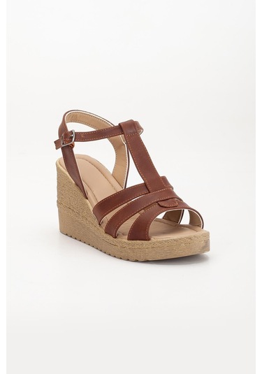 Kadın Dolgu Topuk Sandalet Ayakkabı Taba 3 Bantlı Baretli-3937 Taba