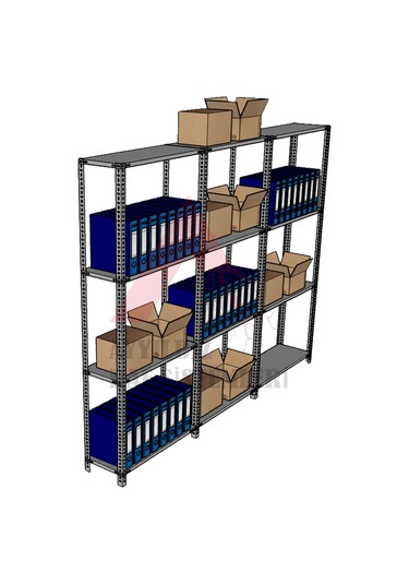 4 Katlı 3'lü Gri Renk Çelik Raf - Depo, Arşiv, Kiler, Dosya, Dosya Rafı 31x93 Cm-200 Cm Gri