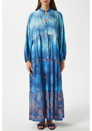 Modest Kadın Lucian Mavi %100 Viskon Maksi Boy Yazlık Elbise Maviturkuazturuncu Çok Renkli