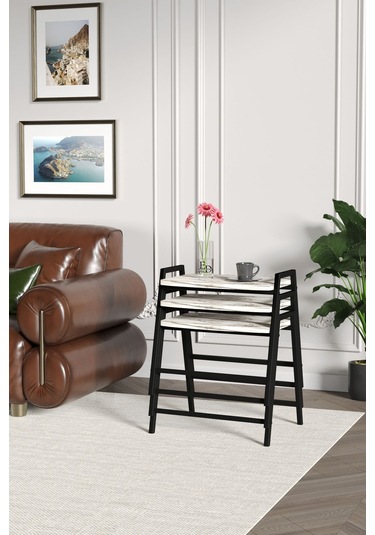 Zigon Sehpa , Aden 3'lü Tepsi Zigon Sehpa Takımı Siyah Metal - Beyaz Mermer Tabla Siyah-beyaz Mermer