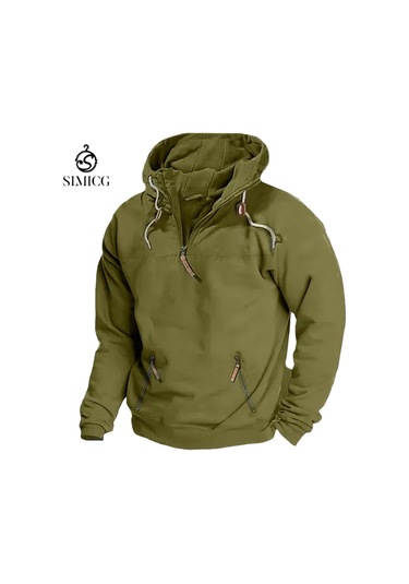 Sonbahar Ve Kış İçin Erkek Düz Renk Kapüşonlu Günlük Sweatshirt Yeşil