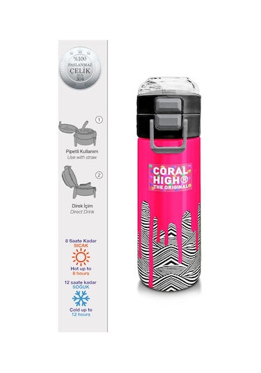 Coral High Kids Pembe Siyah Beyazdesenli Pipetli Ve Direkt İçim Çelik Termos 500 Ml 31878 Pembe - Siyah