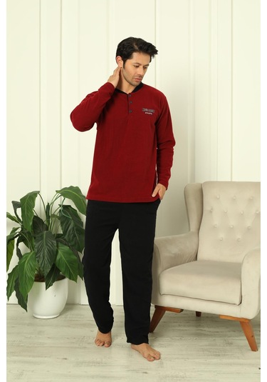 Erkek Cepli Kışlık Polar Pijama Takımı 2248 Bordo