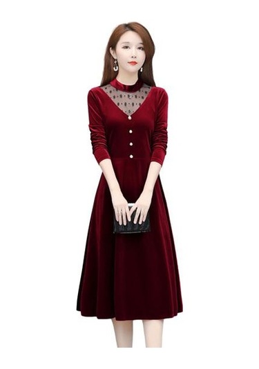 Ofis Bayan Zarif Kadife Elbise O-boyun Hollow Out Örgü Iplik Dikiş Evaze Elbise Uzun Kollu Düğmeler Dekor Gevşek Hem Midi Elbise Kırmızı Ofis Bayan Zarif Kadife Elbise O-boyun Hollow Out Örgü Iplik Dikiş Evaze Elbise Uzun Kollu Düğmeler Dekor Gevşek Hem Midi Elbise Kırmızı