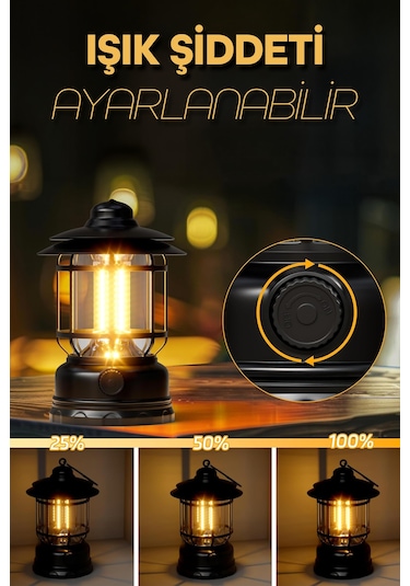 Led Şarjlı Kamp Lambası Işık Dimmer Ayarlı Askılı Portatif Işıldak El Feneri Gece Lamba Siyah Pr20 Siyah