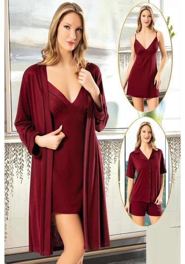 Xses 5025 Kadın Bordo Penye 4'lü Şortlu Sabahlık Gecelik Takım Bordo