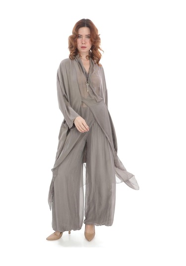 Italyan Ipek Detaylı Oversize Kaftan & Bluz-8711 Bej