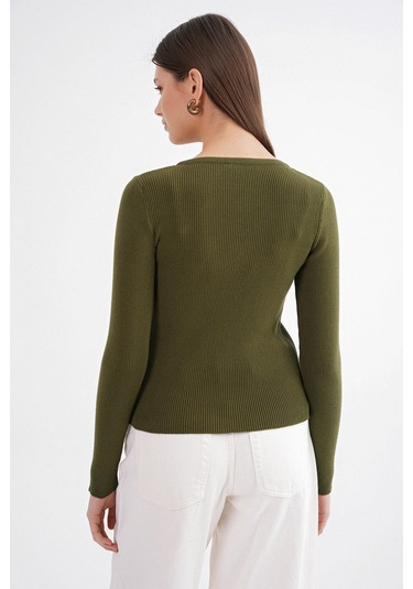 6931 Kadın Düğmeli Fitilli Triko Hırka Haki Haki