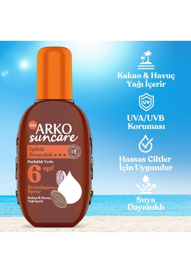 Arko Suncare Yüksek Korumalı Vücut Güneş Spreyi SPF30+ 200 ML + Bronzlaştırıcı Güneş Yağı SPF6 220 ML + Çanta
