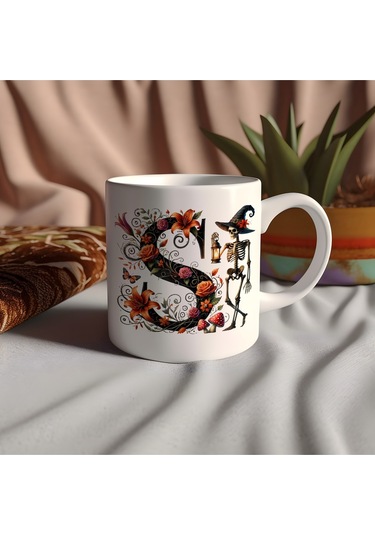 S Harfi Şapkalı İskelet Figürlü Ve Çiçekli Kupa Bardak - Cadılar Bayramı / Halloween Özel Hediye Beyaz