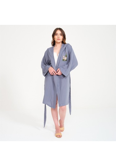 Pamuklu Kısa Kapüşonlu Müslin Kadın Bornoz Antrasit