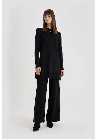 DeFacto Regular Fit Bisiklet Yaka Yırtmaçlı Basic Düz Triko Kazak Tunik H3431AZ24AUBK27