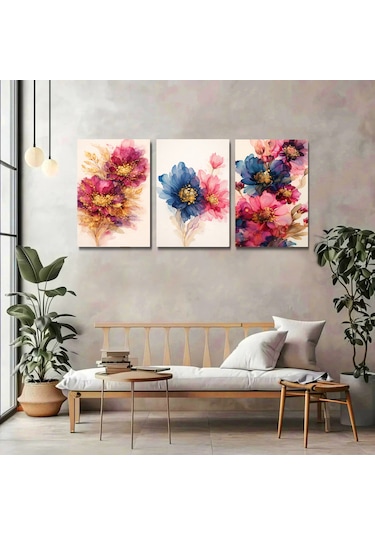 3 Parçalı Modern Çiçek Kanvas Tablo Seti