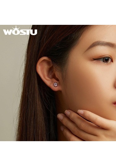 Wostu Gerçek 925 Ayar Gümüş Kedi Kulak Hoop Küpe Kadınlar Için Güzel Pembe Sevimli Pet Paw Çıtçıt Klipler Kız Benzersiz Takı Hediye A