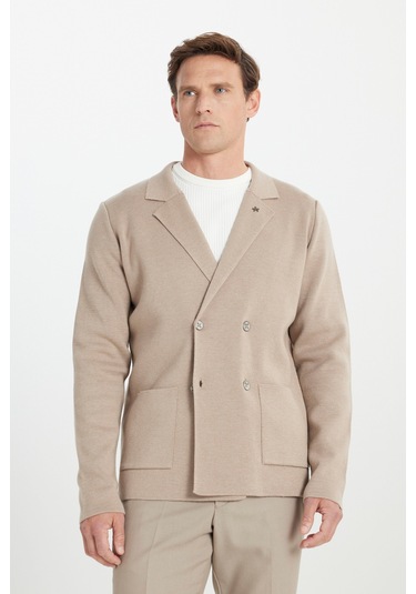 Erkek Vızon Pamuklu Standart Fit Normal Kesim Kruvaze Yaka Cepli Triko Ceket Vizon