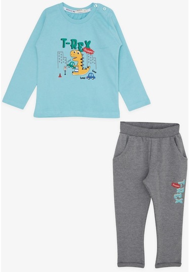 Erkek Bebek Dinazor Baskılı Eşofman Takım-13390-turkuaz Turkuaz