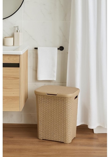 Bej Plastik Hasır Desenli Kapaklı Çamaşır Sepeti 55 x 43 x 33 CM